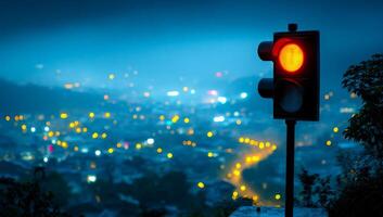 A red light is lit up on a traffic light in the middle of a city. The city is lit up with lights, creating a moody atmosphere photo