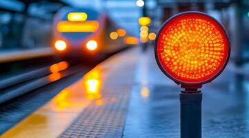 A train is approaching a red light on the side of the tracks. The light is bright and stands out against the dark background. The train is moving quickly and the light is warning passengers to stop photo