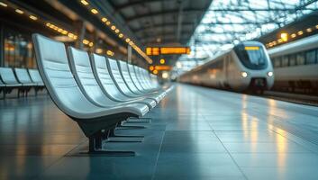 A train is pulling into a station with a row of empty chairs. The chairs are lined up in a row, and the train is in the background. The scene is calm and peaceful, with the train photo