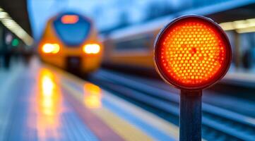 A train is coming down the tracks and a red light is lit up. The light is on the side of the train and is in front of a platform photo