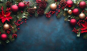 A blue background with red and gold ornaments and a red poinsettia. The red and gold ornaments are arranged in a way that creates a festive and joyful atmosphere photo