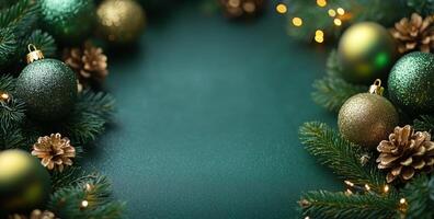 A green background with a bunch of Christmas ornaments including gold and green balls. The background is a green color and the ornaments are of different sizes and colors photo