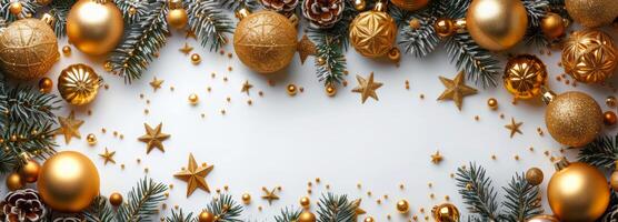 A gold and green Christmas tree with many gold and green ornaments. The tree is surrounded by a white background photo
