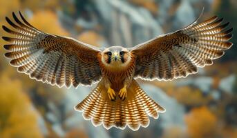 A bird with a yellow beak flies through the air. The bird is brown and has a yellow beak photo