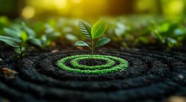 A tiny plant is growing in the center of a circle of dirt. The circle is surrounded by dirt, and the plant is thriving in the middle. Concept of growth and new beginnings photo