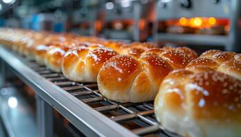 A conveyor belt with many loaves of bread on it. The bread is brown and has sesame seeds on top photo
