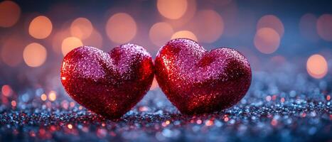 Two hearts with glitter on them are placed on a blue background. The glitter adds a sparkly and romantic touch to the image photo