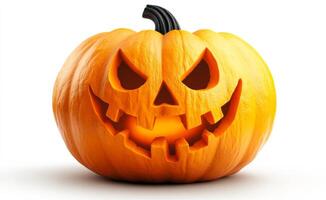 A pumpkin with a scary face on it. The pumpkin is orange and has a black stem. The pumpkin's face is angry and has a menacing look photo
