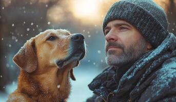 A man and a dog are standing in the snow. The man is wearing a hat and a coat. The dog is looking at the man with its nose photo