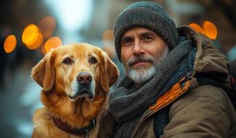 A man and his dog are standing together in the snow. The man is wearing a hat and a scarf, and the dog is wearing a collar. The scene is peaceful and heartwarming, as the man photo
