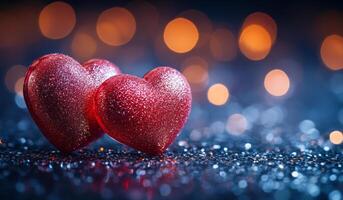 Three hearts are on a dark background with a blurry effect. The hearts are red and shiny, and they seem to be floating on the surface. Scene is romantic and dreamy photo