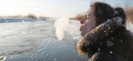 A woman standing in a shallow winter lake blowing out a steady stream of air while her skin reacts to the cold water photo
