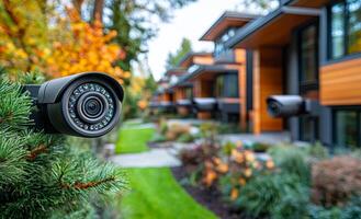 A camera is mounted on a tree branch in front of a row of houses. The camera is pointed at the houses, capturing the scene photo