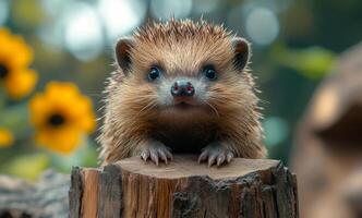 A small brown hedgehog is standing on a log. The hedgehog is looking at the camera with a curious expression photo
