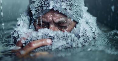 A person shivering uncontrollably wrapped in towels after emerging from an ice water bath photo