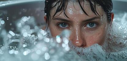 A person sitting in a bathtub filled with ice water with a look of determination on their face as they prepare for a burst of energy photo