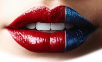 A woman's lips are painted red and blue. The lips are painted in a way that they look like they are divided into two sections photo