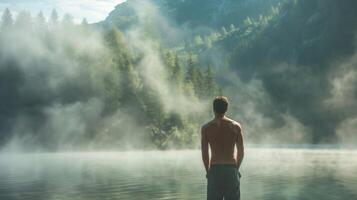 A man standing in front of a foggy lake preparing for his morning routine with a round of deep breaths photo
