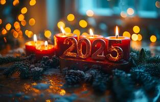 A lit candle with the number 2025 written on it. The candles are arranged in a row and are lit up photo