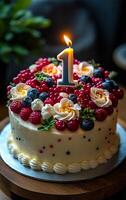 A cake with a lit candle on top and strawberries and blueberries on the sides. The cake is decorated with a number 1 and a candle photo