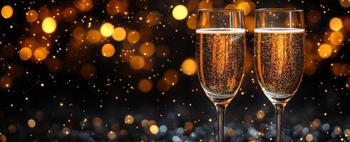 Two champagne glasses are filled with bubbly champagne and are placed on a table. The image has a festive and celebratory mood, as the champagne glasses are often associated with special occasions photo
