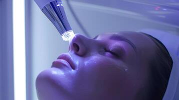 A detail shot of a cryotherapy wand being glided over a persons face targeting fine lines and wrinkles photo