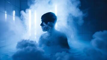 A cloud of thick fog engulfs a person inside a cryotherapy chamber the chilling temperature visible through their skin photo