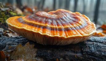 A large mushroom with a brown and orange cap sits on a log. The mushroom is surrounded by a forest and he is in a natural setting photo