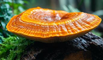 A large orange mushroom is sitting on a log. The mushroom is surrounded by green moss and leaves photo