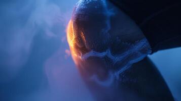 A closeup of a persons knee during cryotherapy showing the cold temperature trating deep into the joint tissue photo