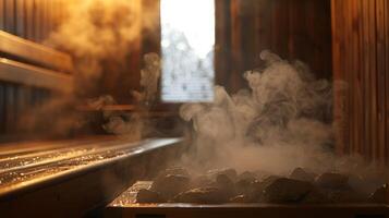 An image of a sauna with steam escaping from the hot rocks serves as a reminder of the contrast between hot and cold in the practice of ice baths for healing photo