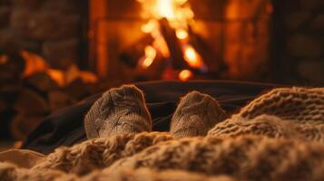 A pair of feet in wool socks peeking out from under a thick blanket in front of a roaring fireplace recovering from a day of cold water therapy photo