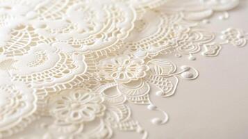 A highquality embossed invitation showcasing a delicate lace border that is raised and adds a tactile element to the otherwise flat paper. The lace design is intricate and gives th photo