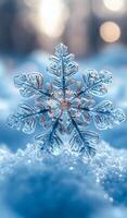 A snowflake is sitting on top of the snow. The snowflake is very small and is surrounded by a lot of snow. The image has a peaceful and serene mood photo