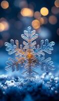 A snowflake is on a blue background. The snowflake is surrounded by a blurry background. The snowflake is the main focus of the image photo