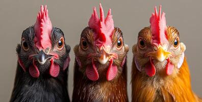 Three chickens with red beaks and red combs. The chickens are standing next to each other photo