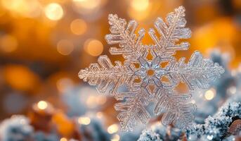 A snowflake is on a snowy ground. The snowflake is surrounded by a blurry background, which gives the image a dreamy and ethereal feel photo