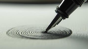 The elegant curves of a calligraphers pen the metal nib glinting in the light as ink flows onto the paper photo