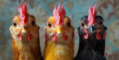 Three chickens with red beaks and yellow eyes. The chickens are standing next to each other. The image has a playful and lighthearted mood photo
