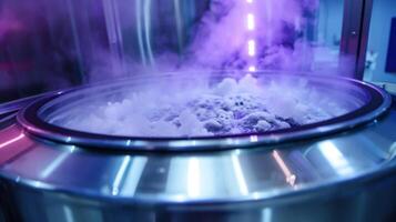 A closeup of a cryotherapy machine shows the extreme temperatures it can reach as liquid nitrogen is used to cool down the chamber for muscle recovery photo