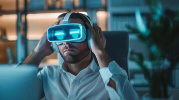 A busy professional sitting at their desk taking a break to use a portable cryotherapy device on their temples finding quick relief from workrelated stress photo