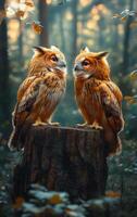 Two owls are sitting on a log in a forest. The owls are looking at each other photo