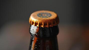 A macro shot of the top of a craft beer bottle showcasing the intricate design of the bottle cap. It features a minimalist logo and a pop of color adding an element of surprise to th photo