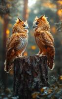 Two owls are sitting on a log in a forest. The owls are looking at the camera photo