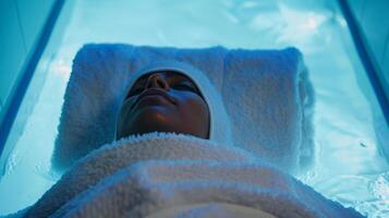 A person wrapped in a co of cold wet towels experiencing the invigorating effects of a full body cryotherapy treatment photo