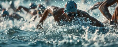 The start of a race with swimmers plunging into the chilly waters all at once creating a splash of water and competing strokes photo