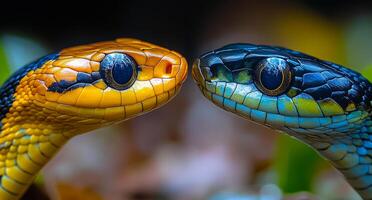 Two snakes with yellow and blue markings are facing each other. The yellow snake has a black head and the blue snake has a yellow head photo