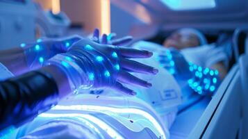 A person undergoing cryotherapy for their hands and feet experiencing reduced inflammation and improved skin tone photo
