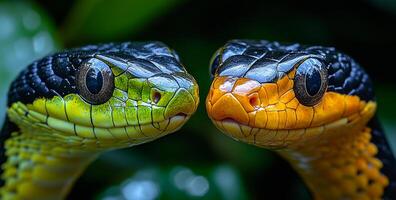 Two snakes with green and yellow heads are facing each other. The snakes are coiled up and appear to be in a friendly pose photo