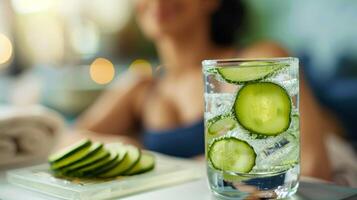 A glass of cucumber water next to a clients hand as they relax on a heated massage table during a contrast therapy session photo